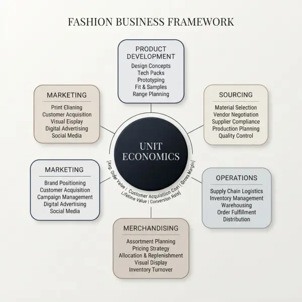Fashion unit economics framework connecting product, sourcing, merchandising, marketing, and operations