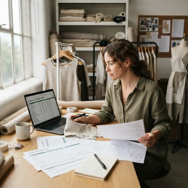 Small apparel brand owner reviewing garment costs, sales data, and product margins
