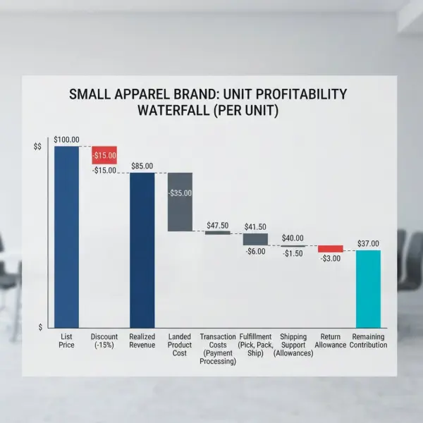 Fashion unit economics waterfall from retail price to contribution margin