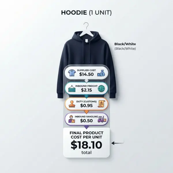 Apparel hoodie cost breakdown showing supplier cost freight duty handling and product cost per unit