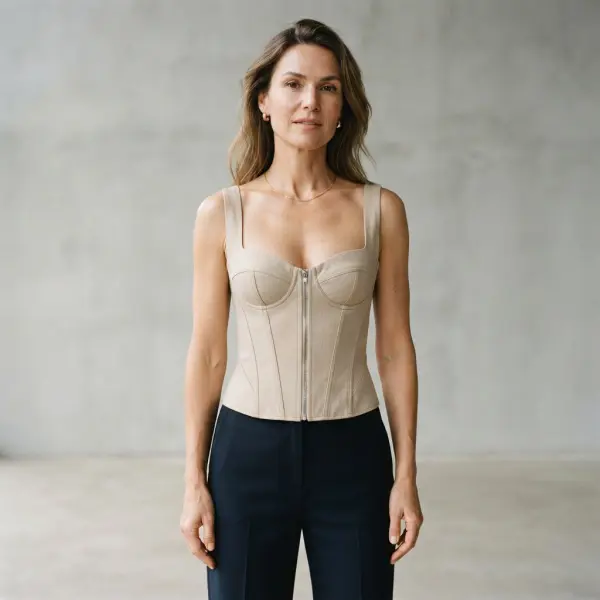 Karakteristik bustier dengan siluet fitted, neckline terstruktur, dan panjang hingga pinggang
