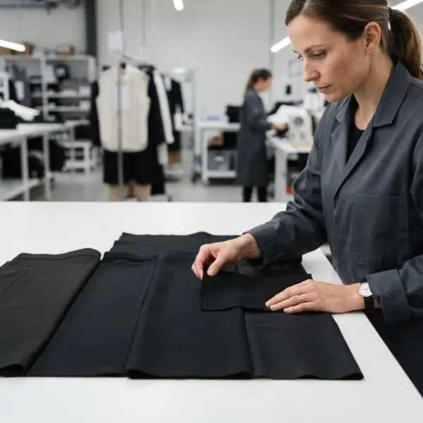 Quality control membandingkan beberapa sample kain hitam untuk memeriksa konsistensi warna