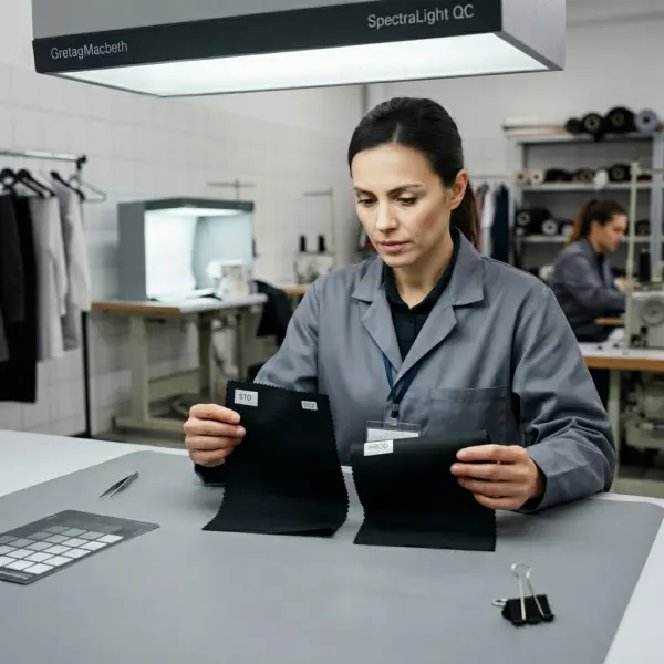 Quality control memeriksa konsistensi warna hitam pada kain untuk produksi fashion Quality control memeriksa konsistensi warna hitam pada kain untuk produksi fashion