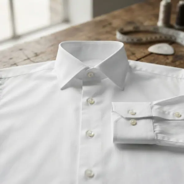 Professional cotton poplin shirt showing crisp collar cuff and placket construction