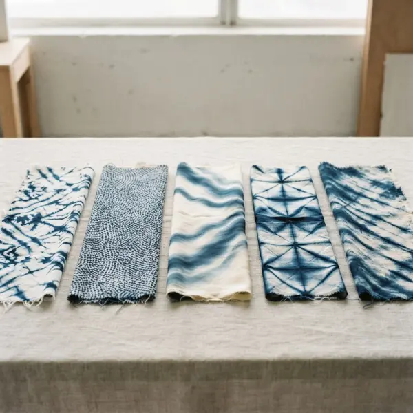 Variasi karakter motif Shibori berupa pola organik, titik, dan geometris pada kain