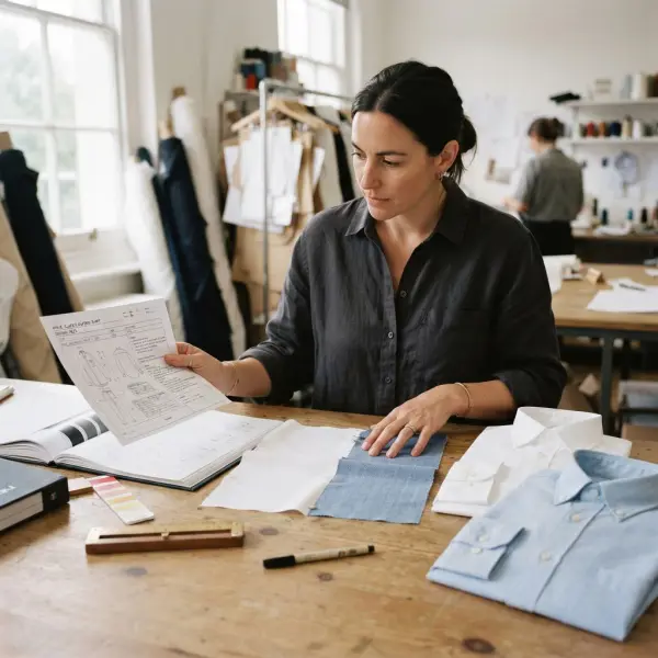 Apparel sourcing team comparing poplin and Oxford fabric specifications and swatches