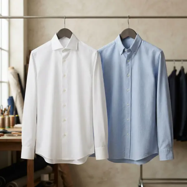 Formal poplin shirt compared with textured Oxford button-down shirt