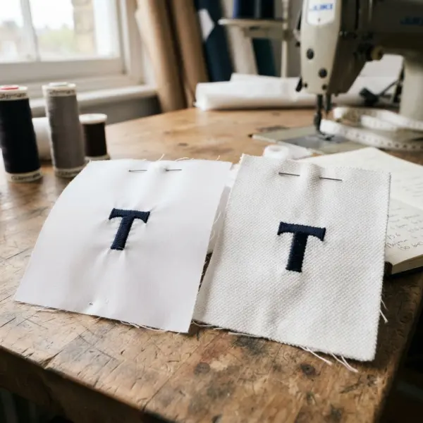 Embroidered uniform logo tested on poplin and Oxford fabric swatches