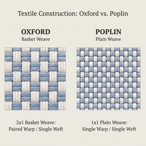 Technical comparison of poplin plain weave and Oxford 2 by 1 basket weave