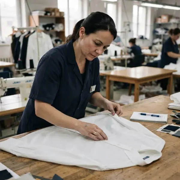Garment technician inspecting poplin shirt fabric and seam quality during production
