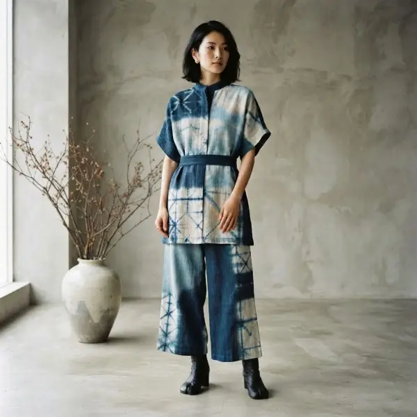Kain Shibori bernuansa biru dan putih pada busana fashion modern