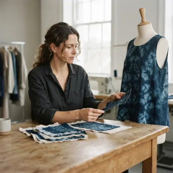 Desainer fashion mengevaluasi kain Shibori untuk pengembangan produk