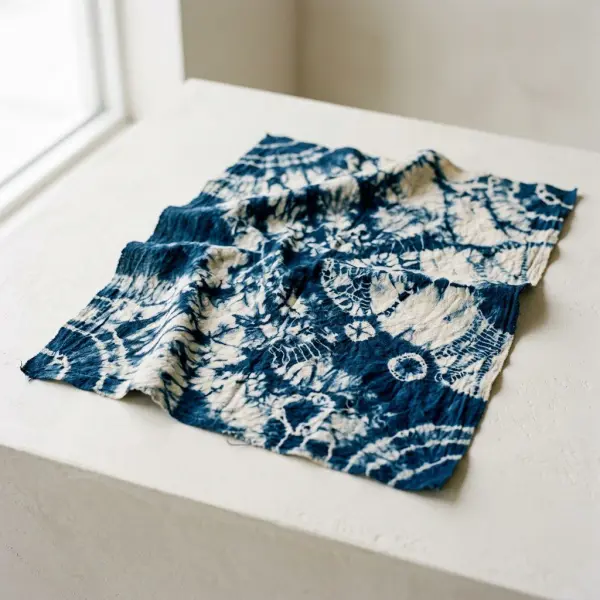 Kain Shibori dengan pola resist dyeing yang terbentuk dari proses ikat dan pewarnaan