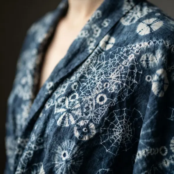 Detail tekstur dan pola kain Shibori pada busana kontemporer