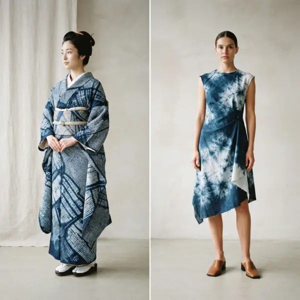 Perbandingan visual kain Shibori tradisional dan busana modern