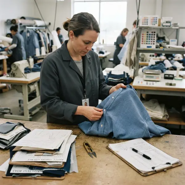 Garment technician checking shirting fabric seam strength construction and wash performance Garment technician checking shirting fabric seam strength construction and wash performance