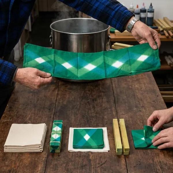 Teknik Itajime Shibori dengan kain yang dilipat dan dijepit untuk menghasilkan pola geometris