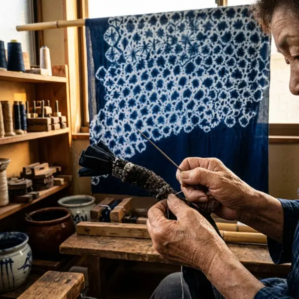 Teknik Miura Shibori dengan bagian kain yang diambil dan diikat untuk menghasilkan pola organik