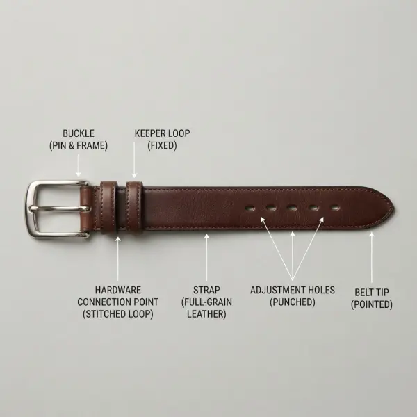 Ilustrasi bagian utama belt berupa strap buckle keeper lubang pengaturan dan ujung belt