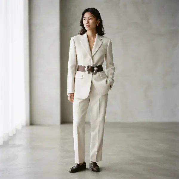 Belt dengan buckle dekoratif menjadi focal point pada busana fashion minimalis