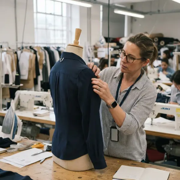 Garment quality control technician inspecting sleeve fit and armhole construction