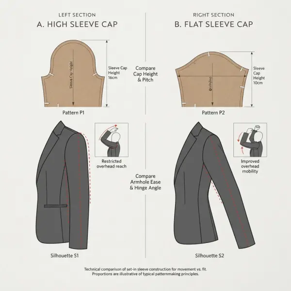 Technical comparison of higher and flatter sleeve caps and their effect on garment silhouette and movement