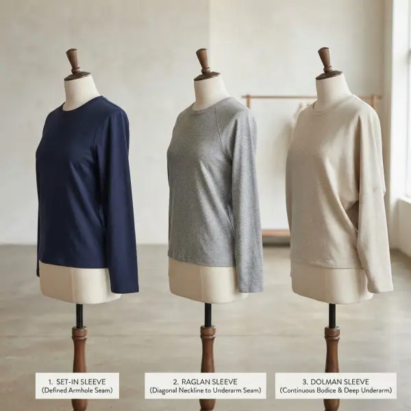 Comparison of set-in sleeve, raglan sleeve, and dolman sleeve garment construction