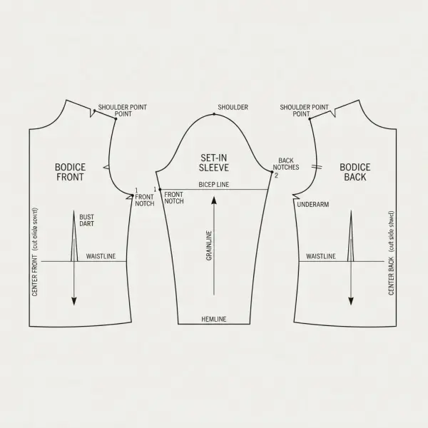 Set-in sleeve pattern showing sleeve cap and corresponding front and back armhole