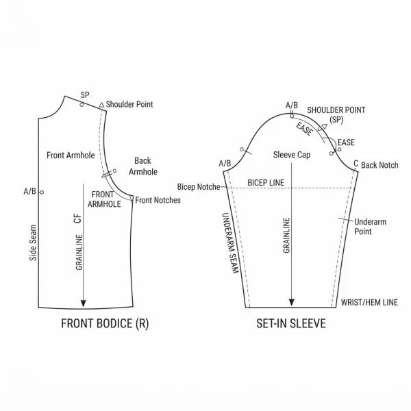 Diagram showing the relationship between sleeve cap, armhole, bicep line, grainline, and sleeve notches