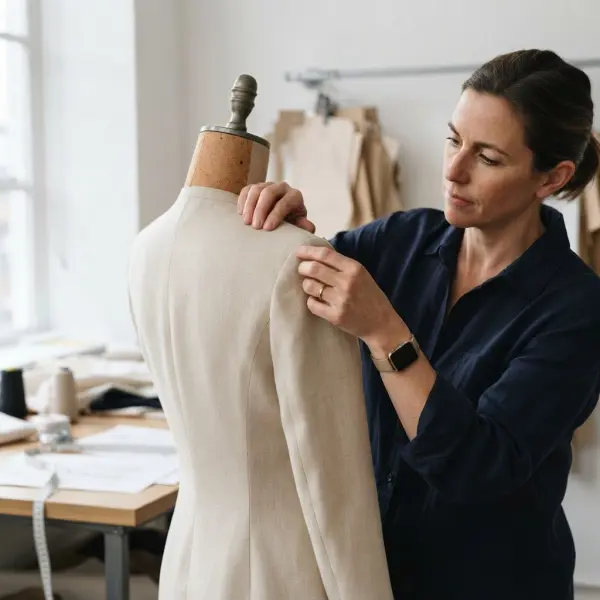 Patternmaker checking sleeve construction and garment fit on a dress form
