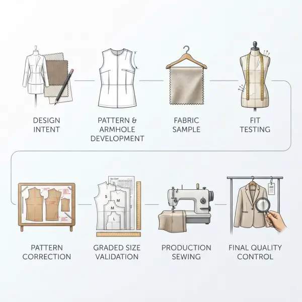 Workflow for developing and approving sleeve fit from pattern to production
