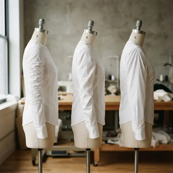 Garment fitting comparison showing sleeve pulling twisting and diagonal wrinkles