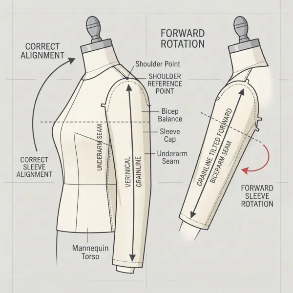 Sleeve fitting diagram showing sleeve pitch grainline bicep line and rotation