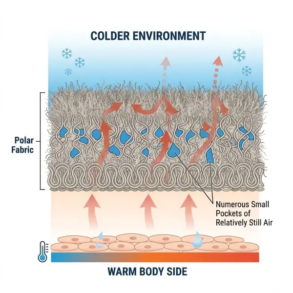 Struktur permukaan bahan polar yang membantu mempertahankan udara dan kehangatan
