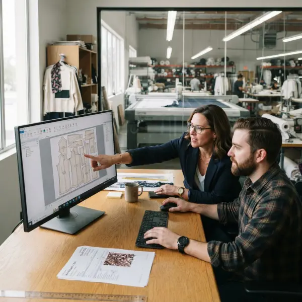 Apparel production team reviewing a CAD marker before fabric cutting Apparel production team reviewing a CAD marker before fabric cutting
