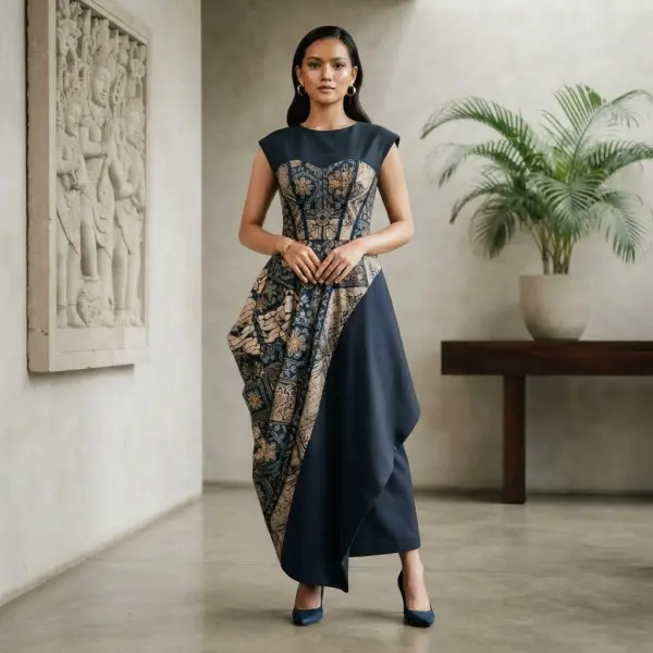 Busana modern dengan Batik Ceplok dan kain polos dalam komposisi color blocking