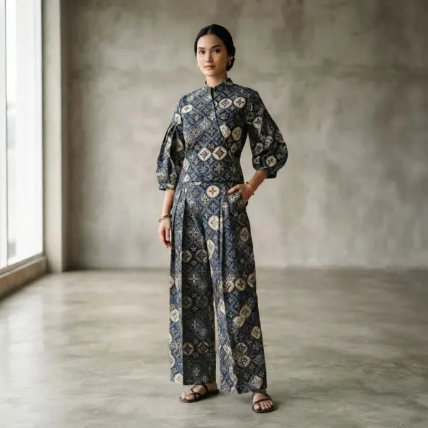 Busana kontemporer Indonesia menggunakan batik ceplok sebagai elemen desain utama
