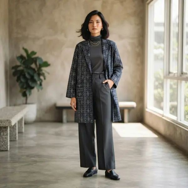 Batik Ceplok diterapkan pada siluet busana modern yang clean