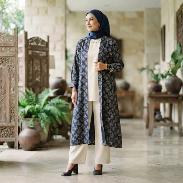 Batik Ceplok pada busana modest modern dengan siluet panjang dan layering
