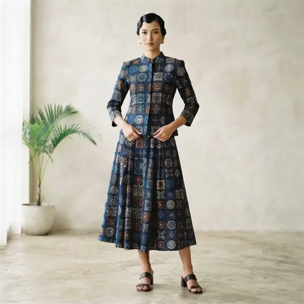 Kain batik ceplok dengan susunan motif geometris pada busana fashion modern