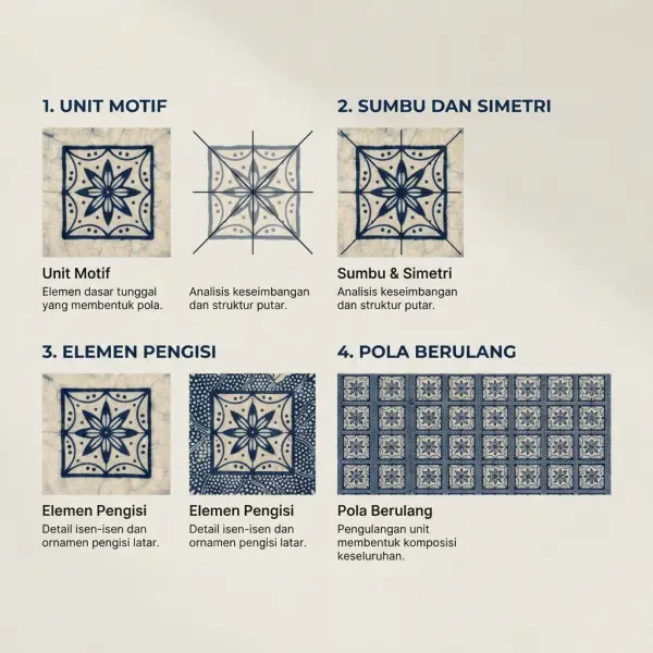 Panduan visual membaca unit motif, simetri dan pengulangan pada batik ceplok