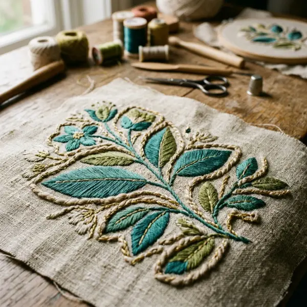Detail couching dan satin stitch pada hiasan sulam kain