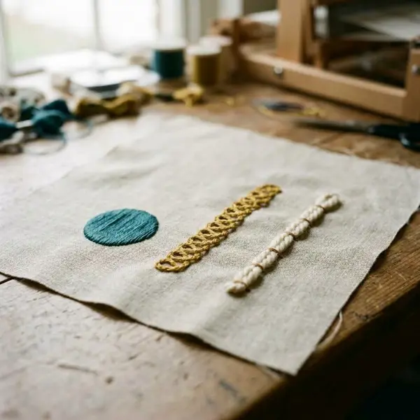 Detail satin stitch, chain stitch, dan couching pada kain sulam