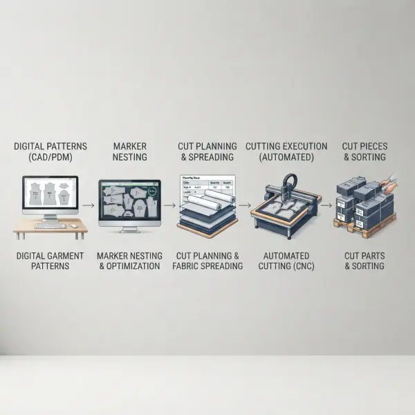 Digital marker data flowing from apparel CAD software to garment cutting production