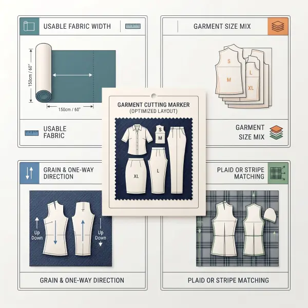 Fabric width grain direction size mix and plaid matching affecting garment marker efficiency