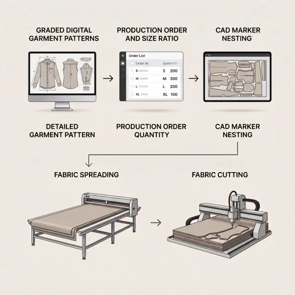 Workflow from garment patterns to CAD marker spreading and fabric cutting Workflow from garment patterns to CAD marker spreading and fabric cutting