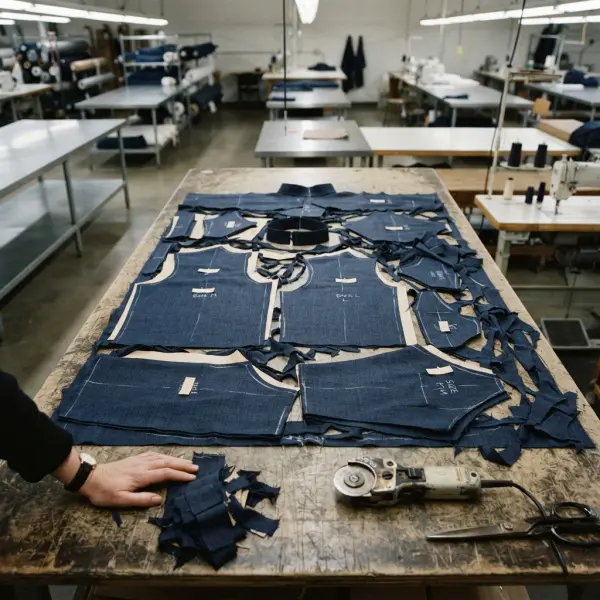 Fabric offcuts remaining after garment pattern pieces are cut in an apparel cutting room