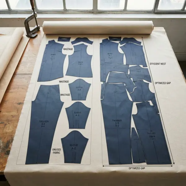 Efficient garment marker layout reducing unused fabric between apparel pattern pieces