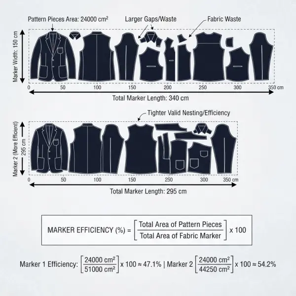 Marker efficiency formula showing how tighter garment pattern placement reduces fabric length