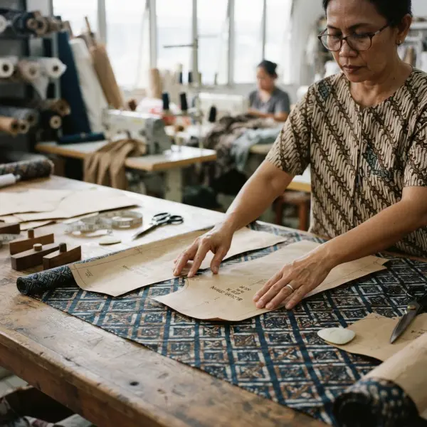 Pattern maker menempatkan pola busana di atas kain batik ceplok dengan mempertimbangkan arah motif